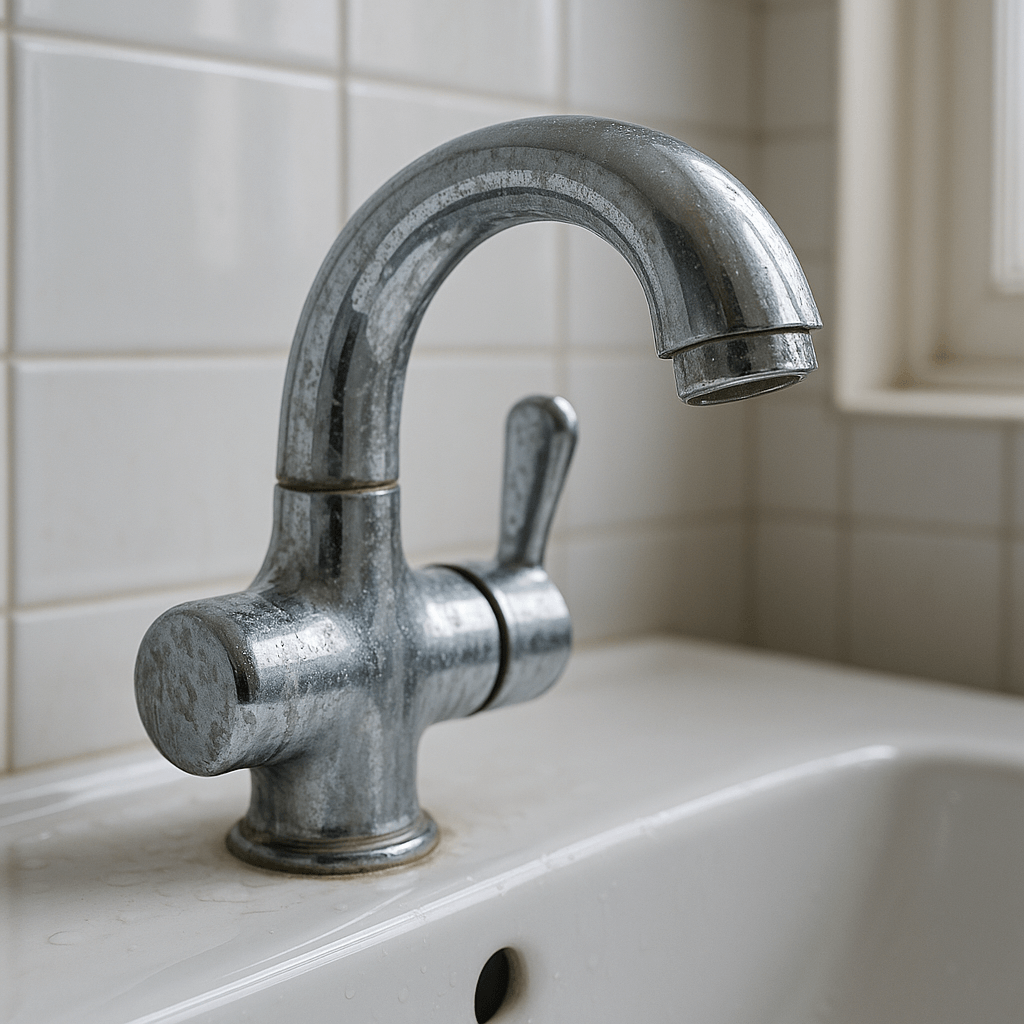 Forkalket vandhane med kalkaflejringer og vandpletter, som effektivt kan fjernes med en damprenser.